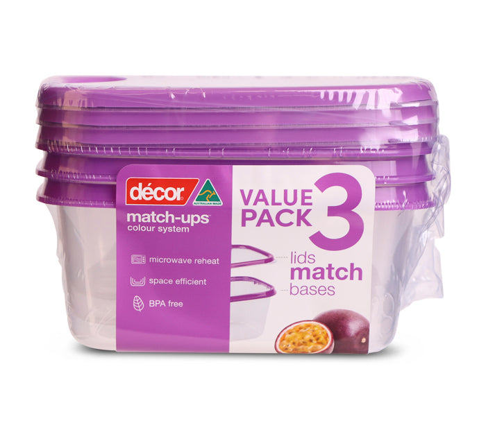 Basics Food Container Oblong, Purple, 500ml, 3pk