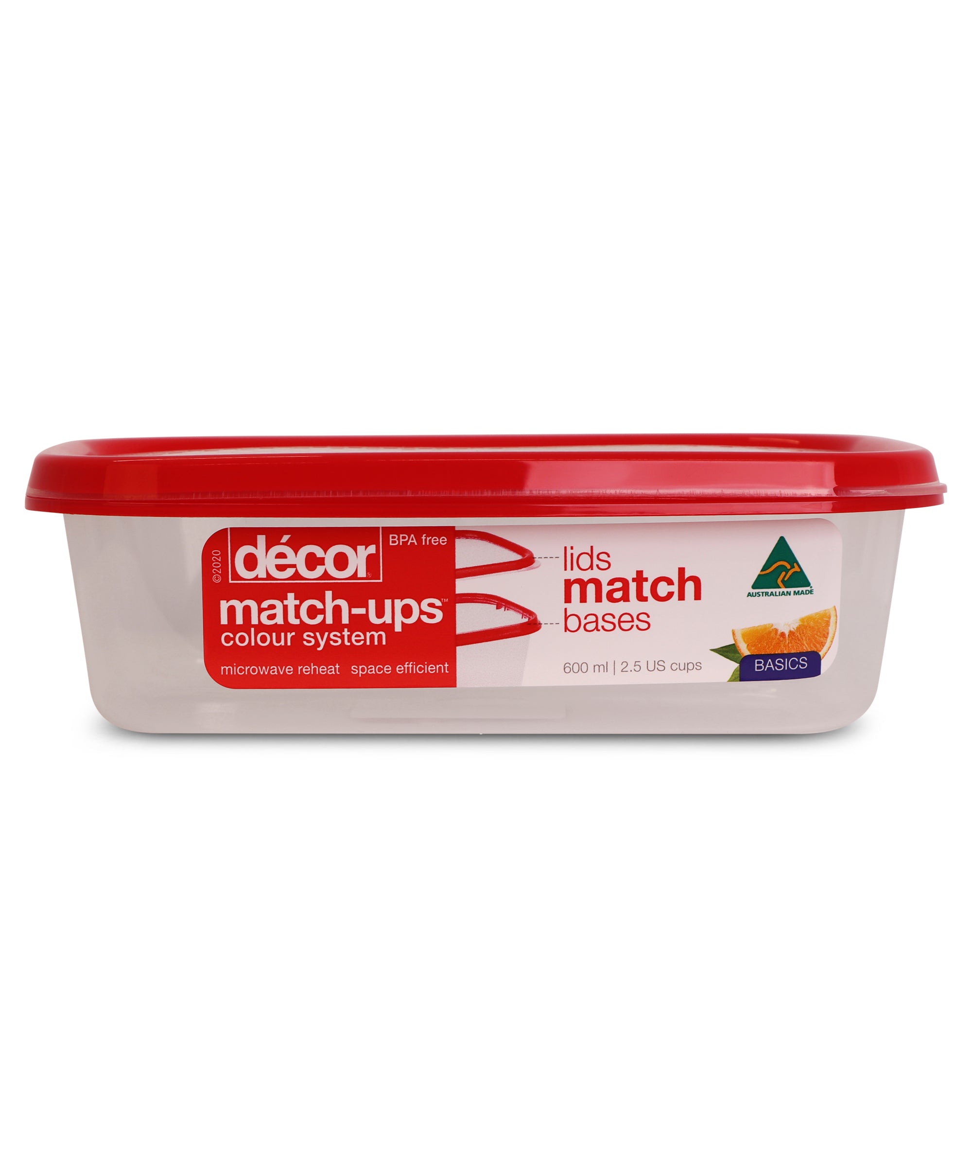 Basics Food Container, Oblong, Red, 600ml