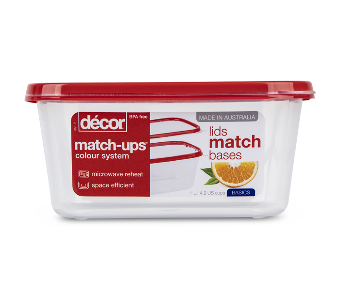 Basics Food Container, Oblong, Red, 1L