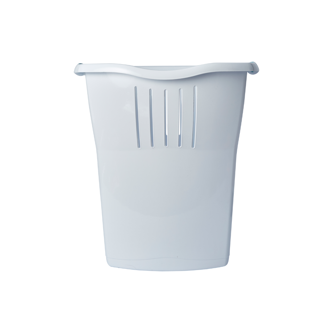 White plastic laundry hamper